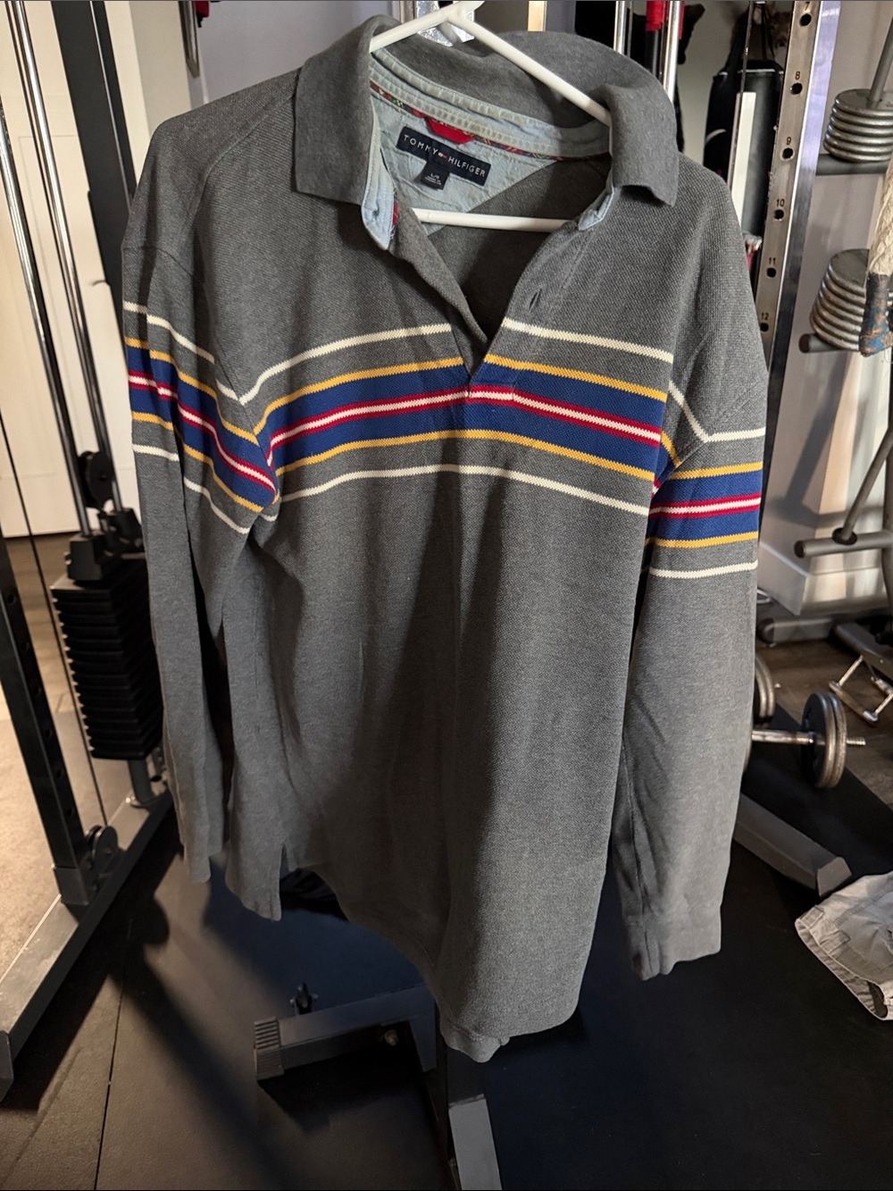 Tommy Hilfiger Gray Rugby Polo with Multicolor Stripe Detail